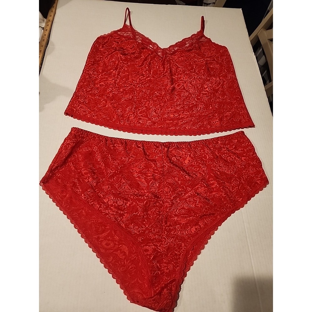 Delicates Glossy Shiny Satin Cami Tank 2 Pc Set Lingerie Red Liquid XL